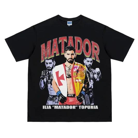 UFC "Ilia Topuria" Heavyweight Vintage Tee 100% Cotton OVERSIZED T-shirt Menswear Top Crew Necks Clothing For UFC Fans Casual Streetwear Black Crewneck Fighter Tshirt Baggy Gamis Tropical Shortsleeve