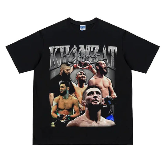 UFC "Khamzat Chimaev" Heavyweight Vintage Tee 100% Cotton OVERSIZED T-shirt Menswear Top Crew Necks Clothing For UFC Fans Casual Streetwear Black Crewneck Tshirt Gamis Baggy Tropical