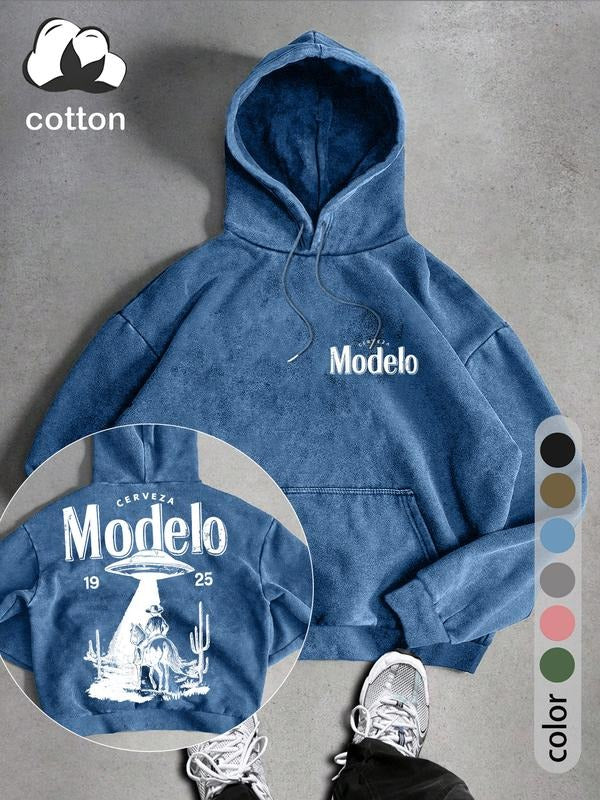 UFO Gunpla brand Western Cowboy Men'WB shield Street Retro Style Washed Hooded Sweatshirt Fashion Trend Casual Hoodies...