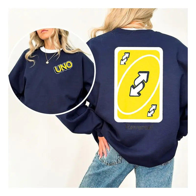 UNO - Yellow Reverse Card, Funny Sweater Casual Street Style Fleece Crewneck Pullover Sweatshirt Tops Trendy for Women for Men, Perfect Gift