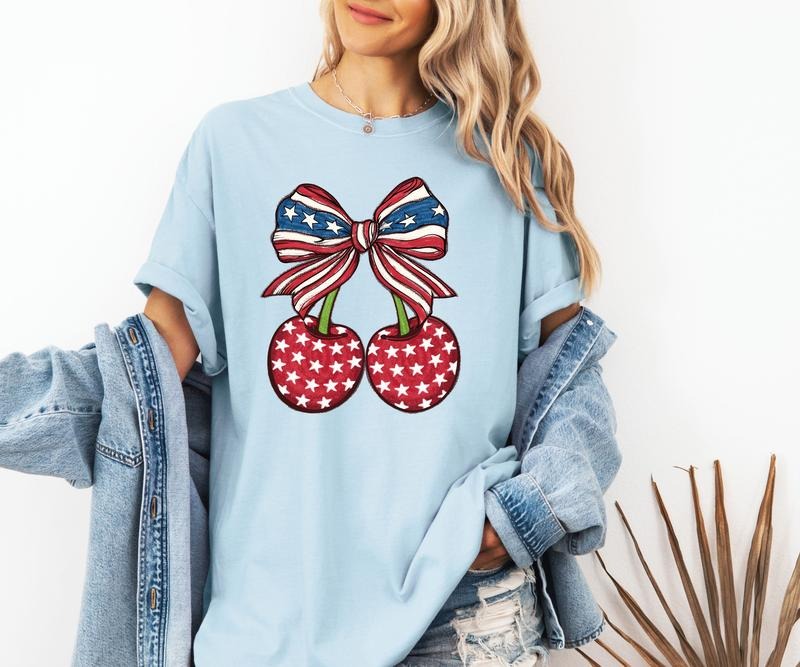USA Cherries and Bow Comfort Colors tee Shirt Casual Vintage Breathable Top Hoodie, Sweatshirt | DripVista.com