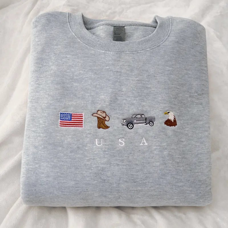 USA Embroidered Sweatshirt, Crewneck, Sweater, Cotton, United States of America, Black, Flag, Cowboy, Truck, Eagle, Cute...