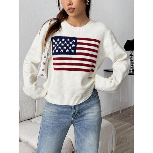 USA Flag Independence Day Shirt Flag Pattern Long Sleeve Round Neck Sweater Casual Loose Pullover Sweater