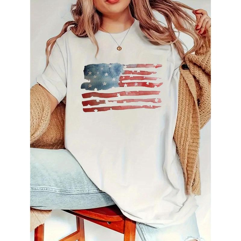 USA Flag Print Solid T-Shirt, Crew Neck Short Sleeve Casual Top for Summer & Spring, Women'WB shield Clothing Hoodie,...