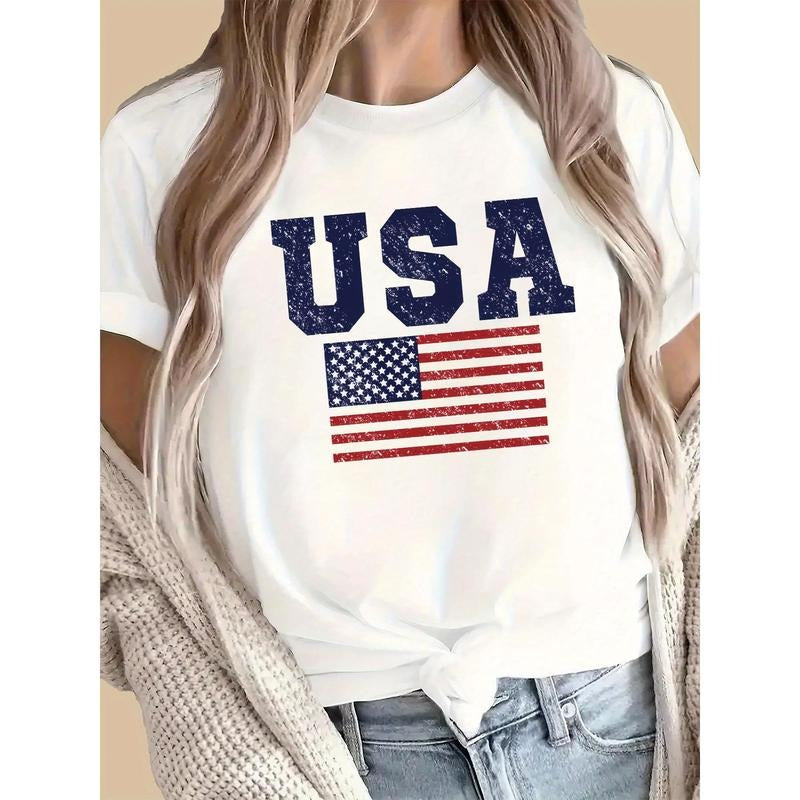 USA Flag Printed Crew Neck T-shirt, Spring& Summer Casual Short-Sleeved Top, Women'WB shield Clothing style 02 Hoodie,...