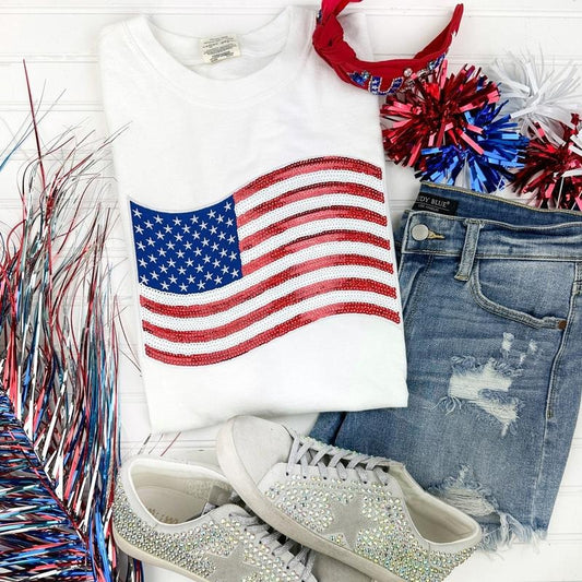 USA Flag Sequin Patch Comfort Colors T-Shirt -- WHITE