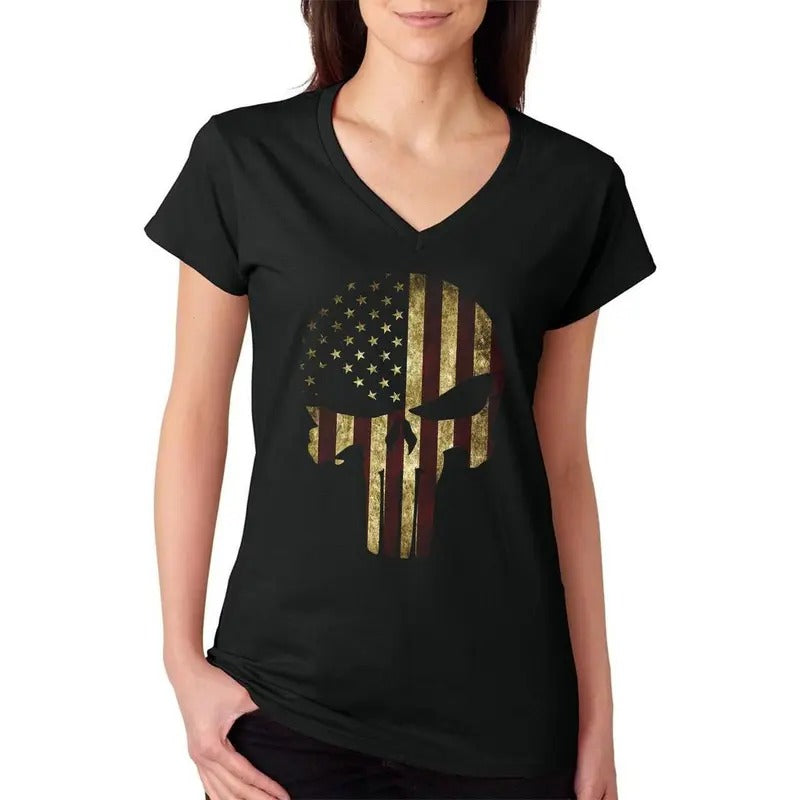 USA Flag Skull Patriotic Women's V-Neck T-Shirt Casual Comfort