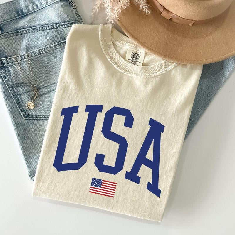 USA Flag, America, Patriotic, Blue, 4th of July Tshirt, Women's Crew Neck, Crewneck Hoodie, Sweatshirt | DripVista.com