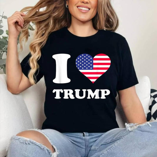 USA Flags Heart I Love Trump T-Shirt | Cotton 100%, Crewneck, Top Womenswear