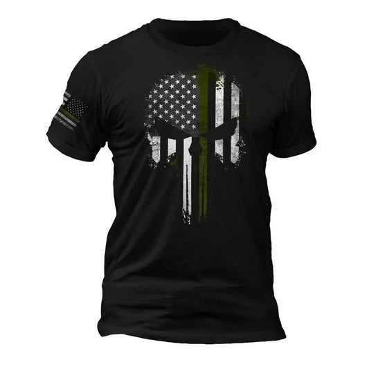 USA Patriotic Army Military Thin Green Line Flag Skull - Sleeve Flag T-Shirt, 100% Ring-spun Combed Cotton, Crew Neck, Casual, Classic Style Menswear Top