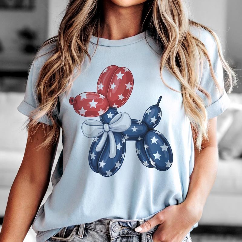 USA Patriotic Balloon Dog Graphic Tee Stars and Stripes Tshirt Balloon Dog Flag Top Womens 4th Of July Holiday Shirt...