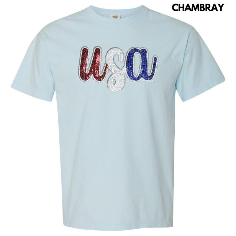 USA Red White & Blue Sequin Patch Comfort Colors T-Shirt Hoodie, Sweatshirt | DripVista.com