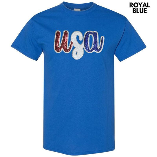 USA Red White & Blue Sequin Patch Gildan Short Sleeve T-Shirt