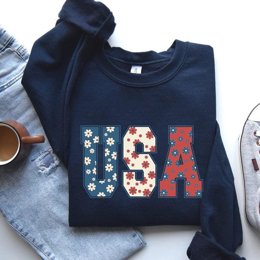 USA, Floral Print, Patriotic, America Flag Sweatshirt, Women's Crew Neck, Crewneck