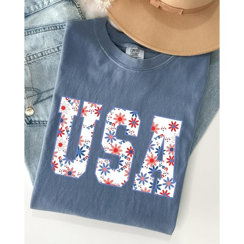 USA, Floral, Flowers, America, Patriotic, Summer, 4th of July, Independence Day Shirt, Women's Comfort Color Tee, Tshirt...