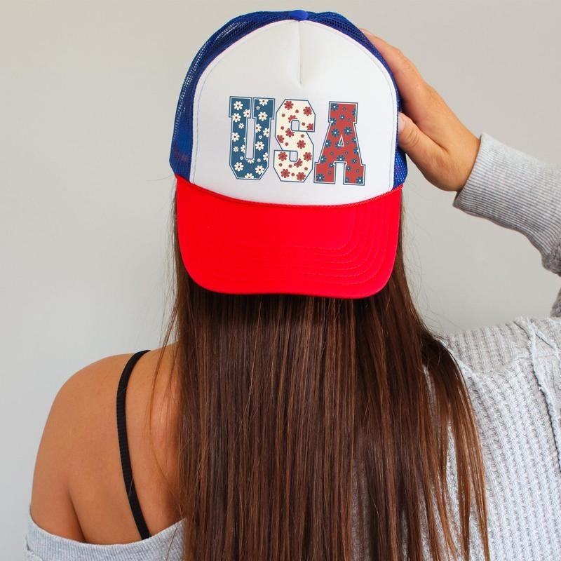 USA, Flowers, Patriotic, Snapback Trucker Hat, America, USA, Independence Day, Patriotic Cap for Women, Sassy Graphic...