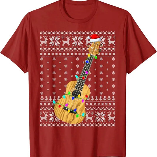Ugly Sweater Xmas Lights Santa Hat Musical Ukulele Christmas T-Shirt
