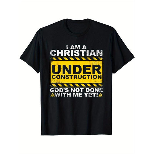 Under Construction Letters Print Men's Crew Neck Short Sleeve Tee Fashion T-Shirt, Casual Comfy Breathable Top For Spring Summer Holiday Leisure Vacation Made in USA