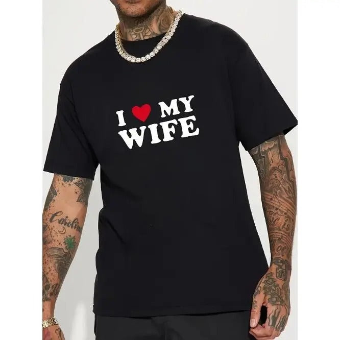 Unique "I LOVE WIFE" Alphabet Print Crew Neck Short Sleeve Cotton T-Shirt - Soft, Breathable, Casual Summer Tee for Daily...