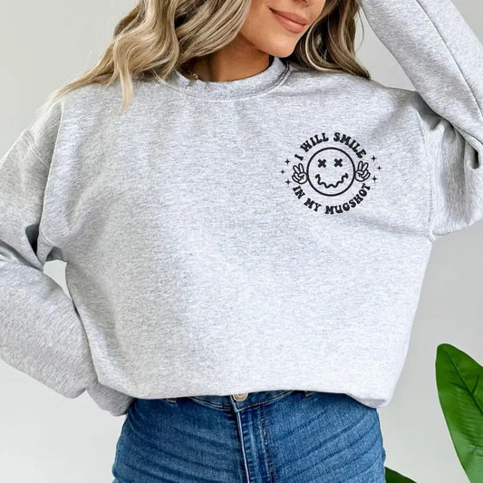 Unique 'Smile in My Mugshot' Pocket and Back Graphic Sweatshirt - Edgy Statement Apparel - Perfect Gift for Bold Parents