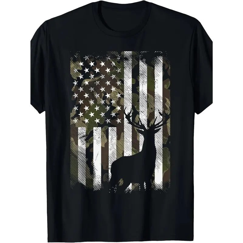 Unique Camouflage American Flag Deer Elk Stag Short Sleeve T-Shirt for Hunting Hunter Dad Gift  made in usa Hoodie,...