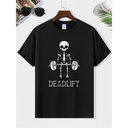 Unique Graphic Print Deadlift T-Shirt - Men's Casual Round Neck Short Sleeve Tee for Summer Outdoor Activities - Comfy Versatile Top with Creative Skeleton Weightlifting Design made in usa