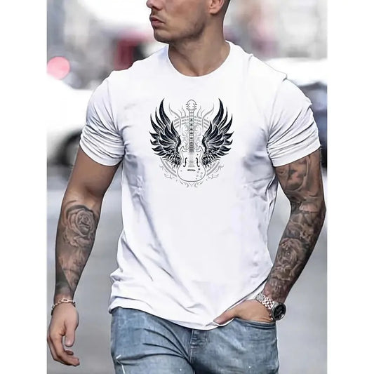 Unique Guitar With Wings Graphic Print Casual Short Sleeve T-Shirt for Men, Perfect Summer Tees Made in USA