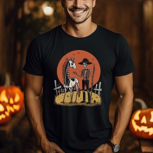 Unique Skeleton Cowboy and Horse T-Shirt, Western Halloween Sweatshirt, Unisex Graphic Tee, Spooky Apparel, Gift for Halloween Lovers made in usa