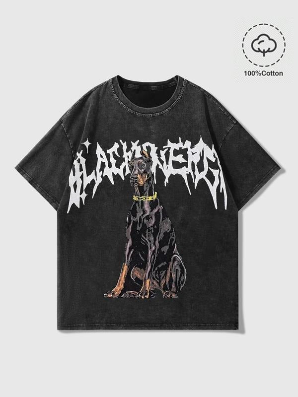 Unisex 100% Cotton Doberman Pinscher & Letter Print Washed Distressed Crew Neck Tee, Regular Fit Street Fashion Casual...