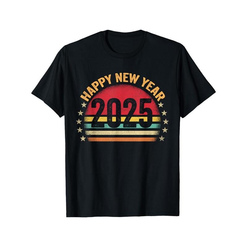 Unisex 2025 Happy New Year Graphic T-Shirt, Casual Crew Neck, Geometric Pattern, Cotton Blend Tee with Slight Stretch, for All-Season Knit Fabric Top made in usa