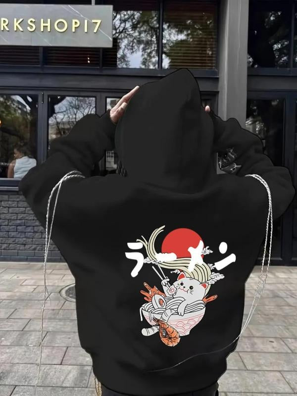 Unisex Cartoon Cat Print Drop Shoulder Hoodie, Fashion Casual Drawstring Pocket Hooded Sweatshirt for Daily Holiday...