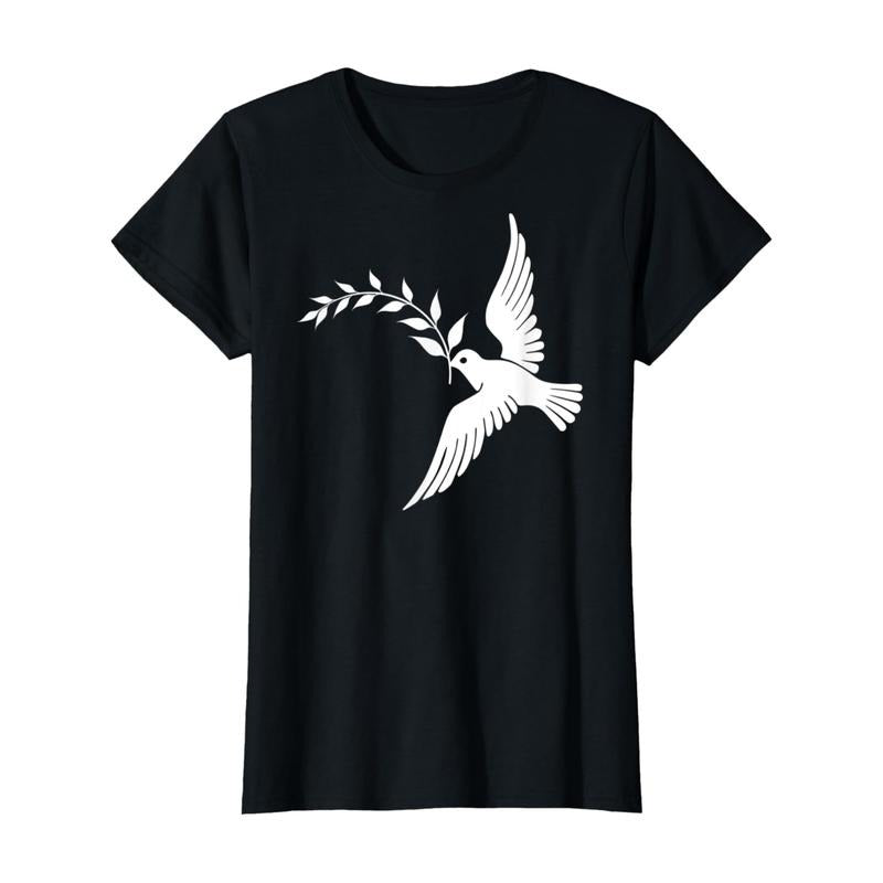 Unisex Casual Short Sleeve Dove FOG Peace Bird Ornithology T-Shirt - Black with White Tropical Print, Olive Branch...
