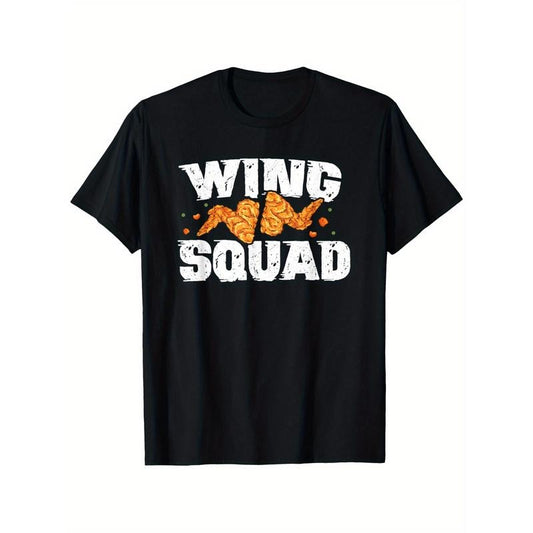 Unisex Chicken Wing Squad T-Shirt, 100% Cotton, Casual Crew Neck, Slight Stretch, All-Season Knit Fabric, Regular Fit, with Printed Buffalo Wings Design, for Men and Women, Fast Food Enthusiasts made in usa