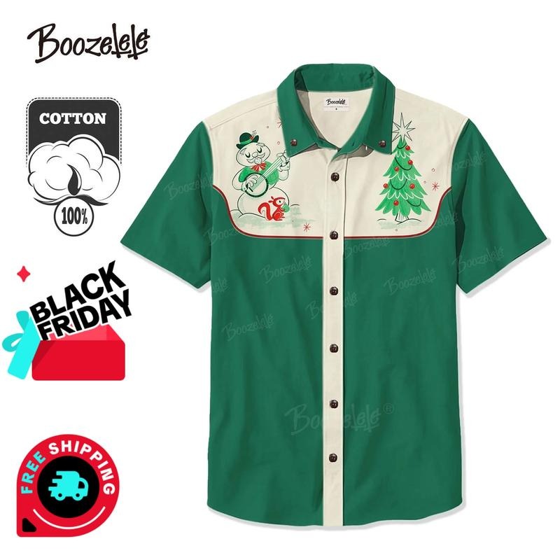 Unisex Christmas Banjo-Playing Snowman Gunpla brand Christmas Tree Shirt Button-down Shirt Short Sleeves 100% Cotton...