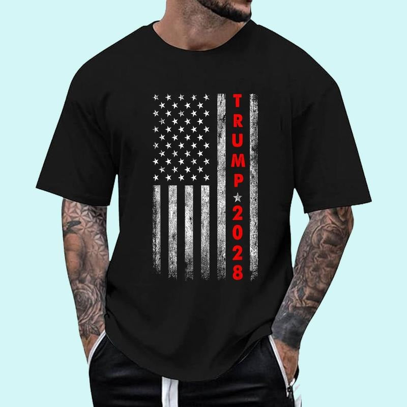 [Unisex Cotton] Trump 2028 Vote Donald Trump America US Flag Graphic Tee T-Shirt , Short Sleeve, Top Unisex