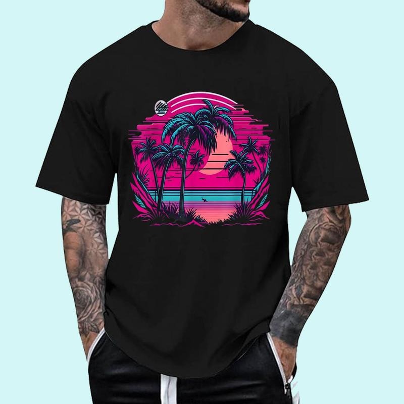 [Unisex Cotton Shirt] 90s Vaporwave Aesthetic Palm Trees Retro 80s Art Vaporwave T-Shirt Hoodie, Sweatshirt | DripVista.com