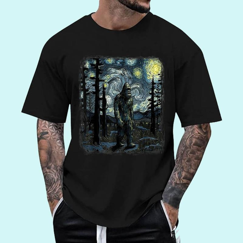 [Unisex Cotton Shirt] Bigfoot Starry Night Sasquatch Van Gogh Sky Painting Art T-Shirt Hoodie, Sweatshirt | DripVista.com