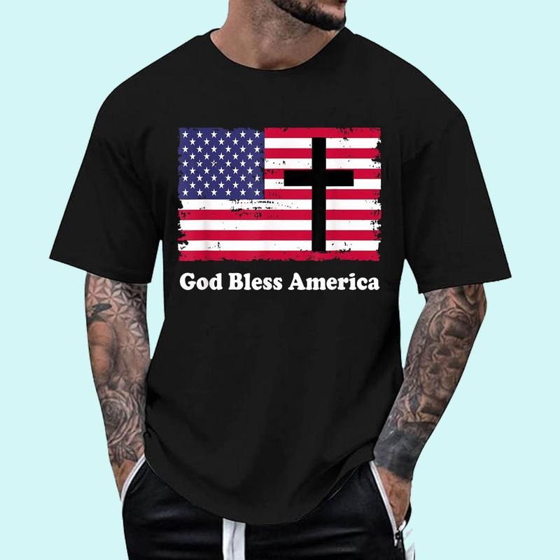 [Unisex Cotton Shirt] God Bless America Patriotic Flag with Cross T-Shirt Hoodie, Sweatshirt | DripVista.com