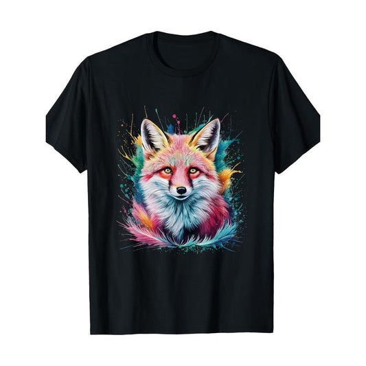 Unisex Cotton T-Shirt with Colorful Watercolor Fox Print, Casual Round Neck Short Sleeve Tee for All Seasons, Digital Heat Transfer Design, Regular Fit Made in USA