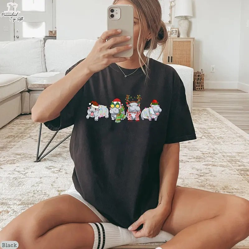 Unisex Hippopotamus Christmas Sweatshirt, Retro Hippo Christmas Light Shirt, Loose Fit Crewneck