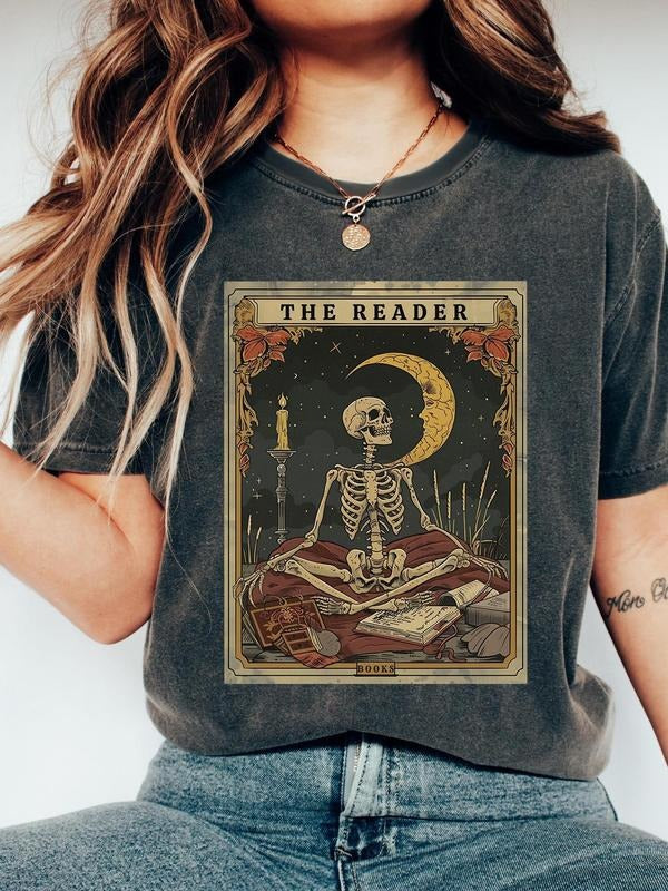 Unisex Letter & Skeleton Print Round Neck Tee, Casual Short Sleeve T-shirt for Summer, Women'WB shield Top for Daily...