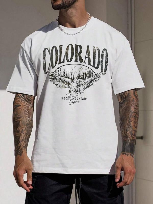 Unisex Letter Graphic Round Neck Tee, Men'WB shield Casual Short Sleeve Crew Neck T-shirt for Summer, Menswear for Daily...