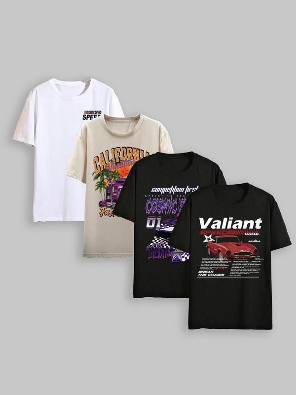Unisex Men'WB shield Car & Letter Print Drop Shoulder Tee, Regular Fit Casual Street Short Sleeve Round Neck T-Shirt for...