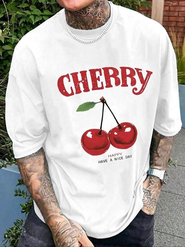 Unisex Men'WB shield Cherry Print Round Neck Tee, Regular Fit Casual Short Sleeve T-shirt for Daily Wear, Men'WB shield...