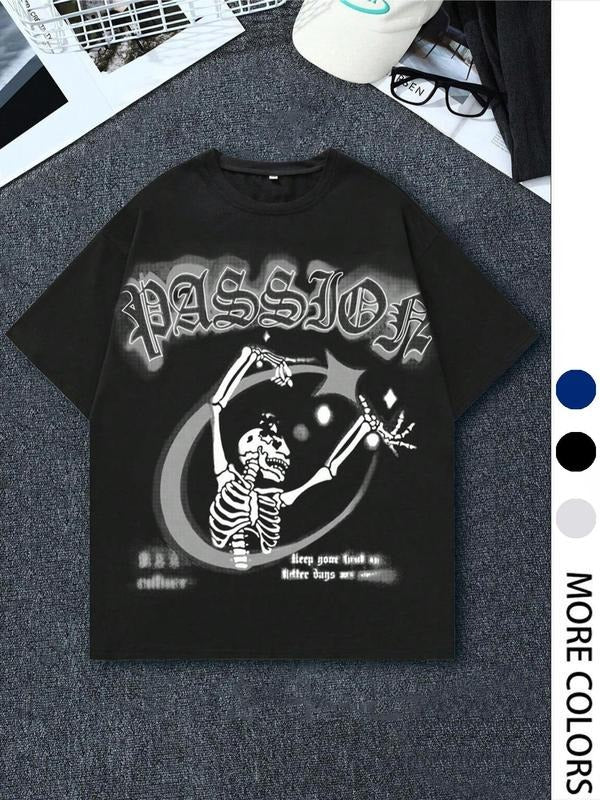 Unisex Men'WB shield Skull & Letter Print Round Neck Graphic Tee, Regular Fit Casual Fashion Short Sleeve T-shirt for...
