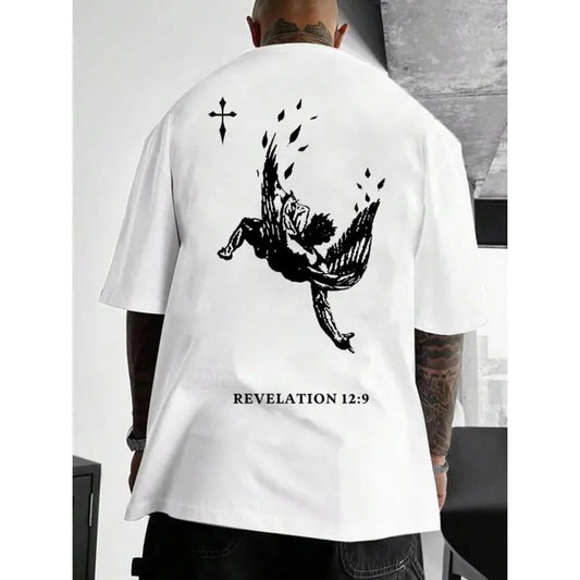 Unisex Men's Angel & Letter Print Round Neck Drop Shoulder Tee, Loose Graphic Short Sleeve Crew Neck T-Shirt, Casual Menswear Top for Summer Underwear Tshirt