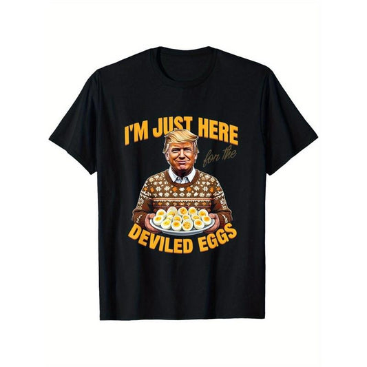 Unisex Thanksgiving T-Shirt - 100% Cotton Crew Neck Casual Tee with "I'm Just Here for the Deviled Eggs" Print, Slight Stretch Knit Fabric, Perfect for All Seasons, Adult Fit - Ideal Gift for Holidays and Birthdays made in usa