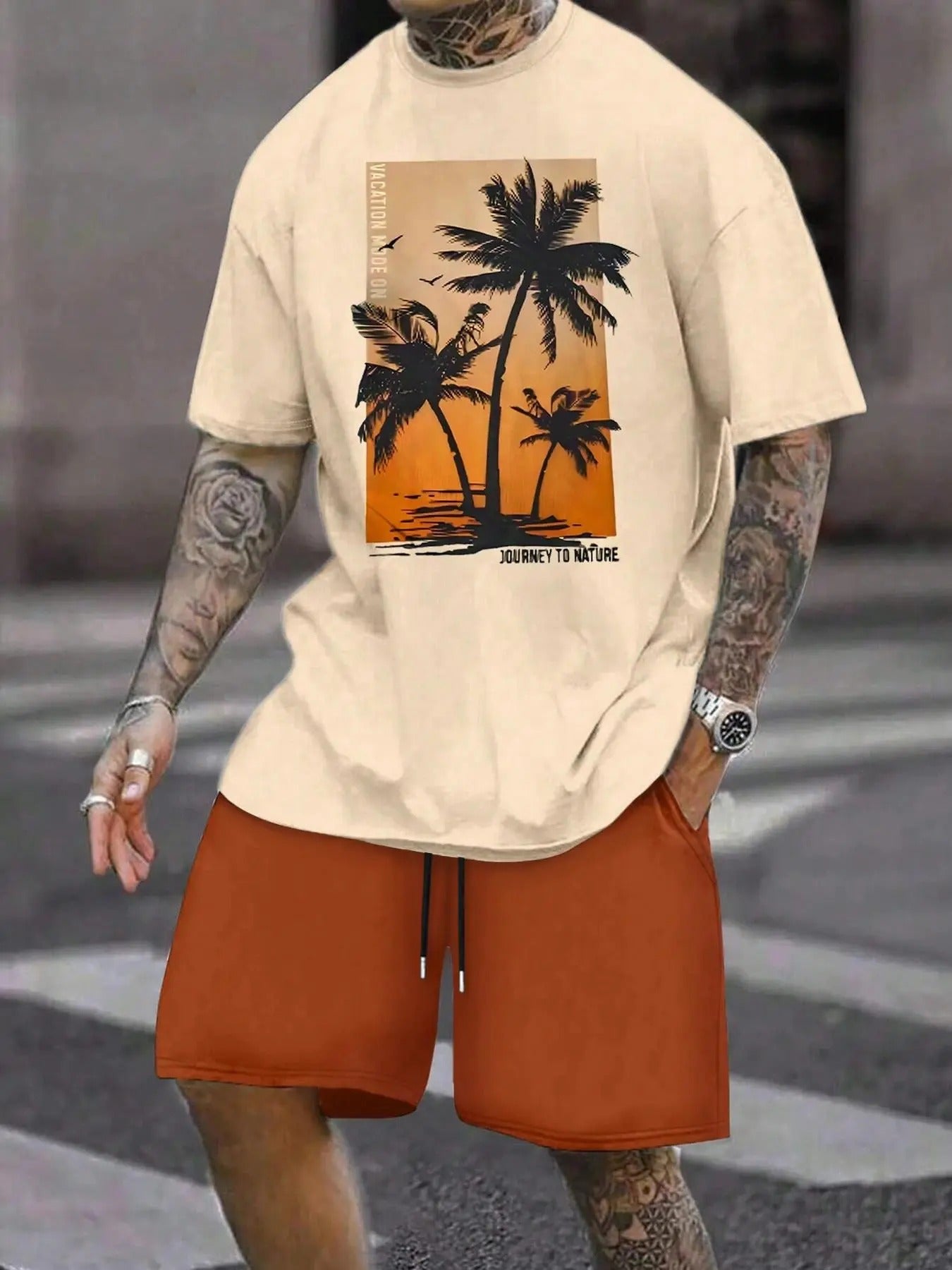 Unisex Tree Print Short Sleeve Tee & Shorts Straw hat pirates Set, Regular Fit Casual Round Neck T-shirt & Shorts, Summer...