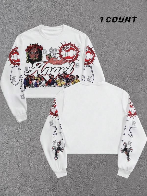 Unisex'WB shield Cartoon & Letter Print Round Neck T-shirt, Casual Long Sleeve Crew Neck Tee for Fall & Winter, Men'WB...