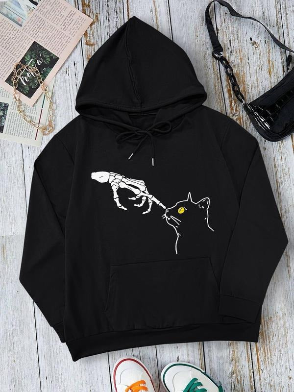 Unisex'WB shield Halloween Skeleton Hand & Cat Print Drop Shoulder Hoodie, Fashion Casual Drawstring Pocket Hooded...